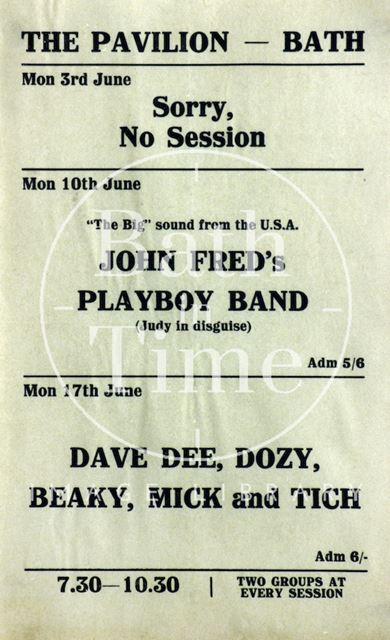 Flyer or poster for John Fred's Playboy Band and Dave Dee, Dozy, Beaky, Mick and Tich at the Pavilion, Bath 1969