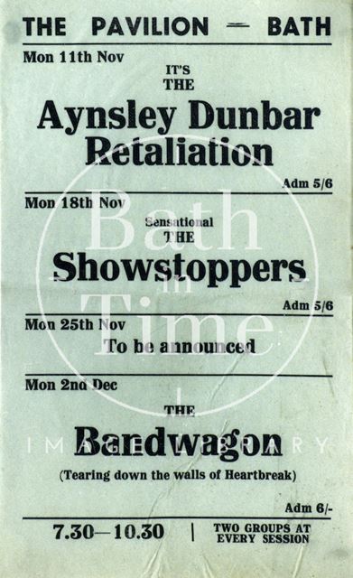 Flyer or poster for the Aynsley Dunbar Retaliation, the Showstoppers and the Bandwagon at the Pavilion, Bath 1968