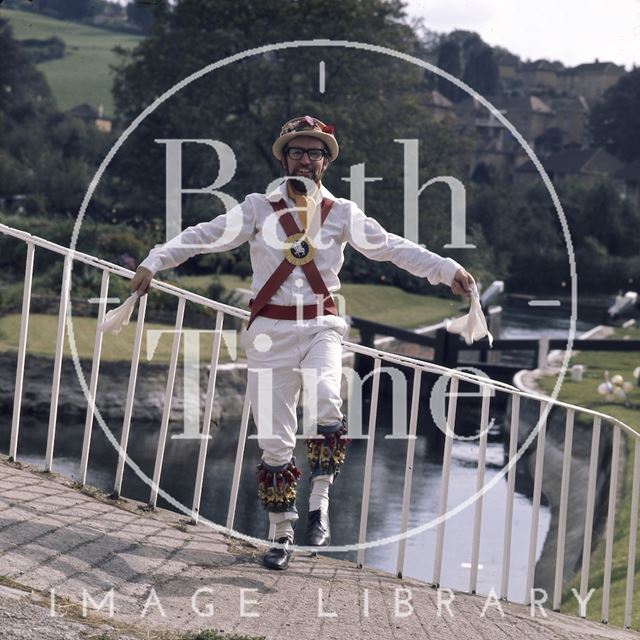 A Bathampton Morris Dancer on a lock at Widcombe, on the Kennet and Avon Canal, Bath c.1976