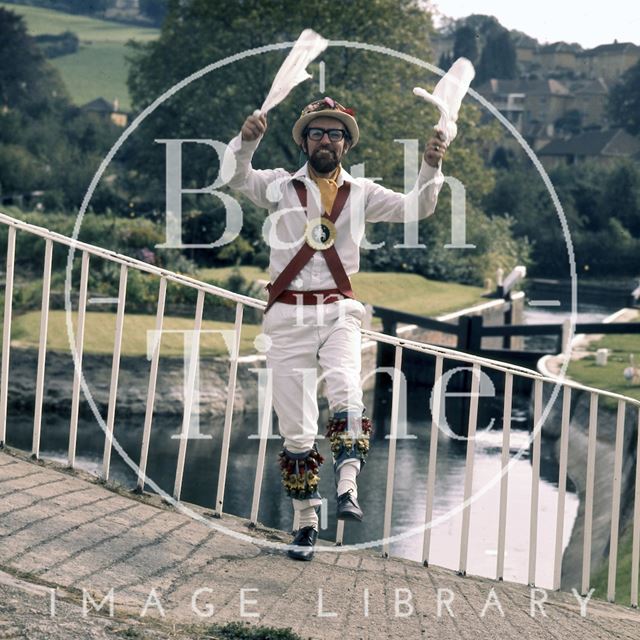 A Bathampton Morris Dancer on a lock at Widcombe, on the Kennet and Avon Canal, Bath c.1976