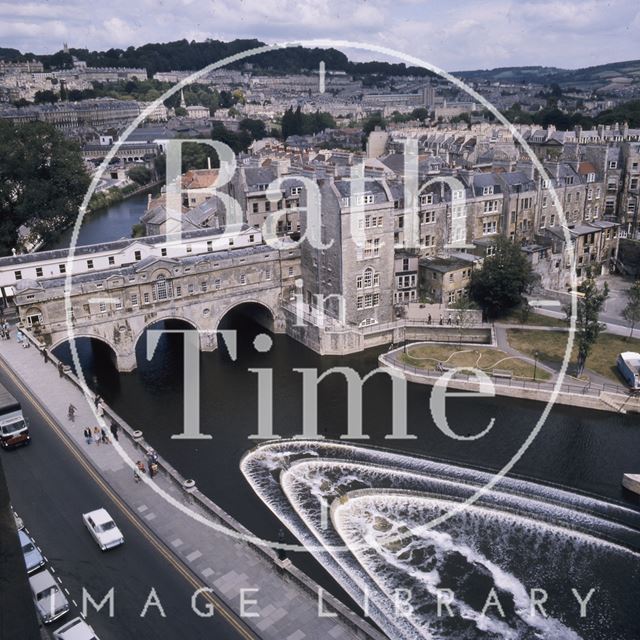 View of the weir and Pulteney Bridge, Bath from the Empire Hotel, Bath c.1975