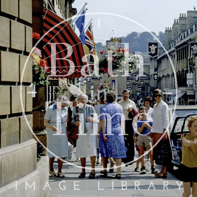 Elderly shoppers on Milsom Street, Bath, decorated for the Royal Wedding 1981