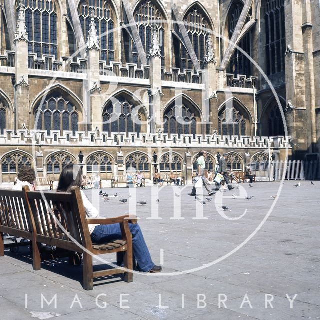 Tourists and pigeons, Kingston Parade, Bath c.1975