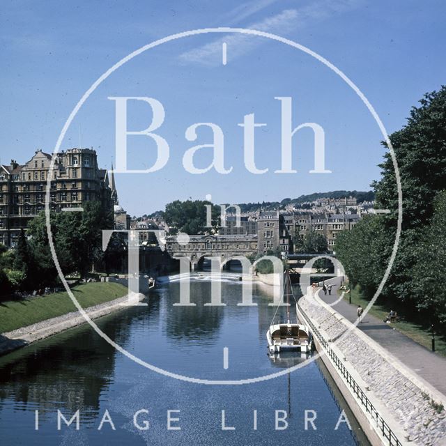 The River Avon, Empire Hotel and Pulteney Bridge from North Parade Bridge, Bath c.1975