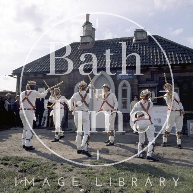 Bathampton Morris men in front of the Lock Keeper's cottage on the Kennet and Avon Canal, Bathwick, Bath c.1976