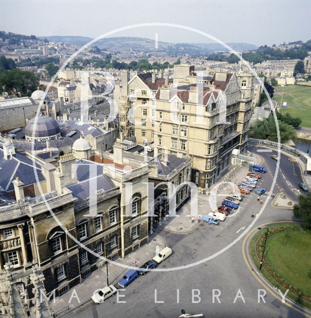 View of the police station (Browns restaurant) and the Empire Hotel, Bath from Bath Abbey tower c.1982