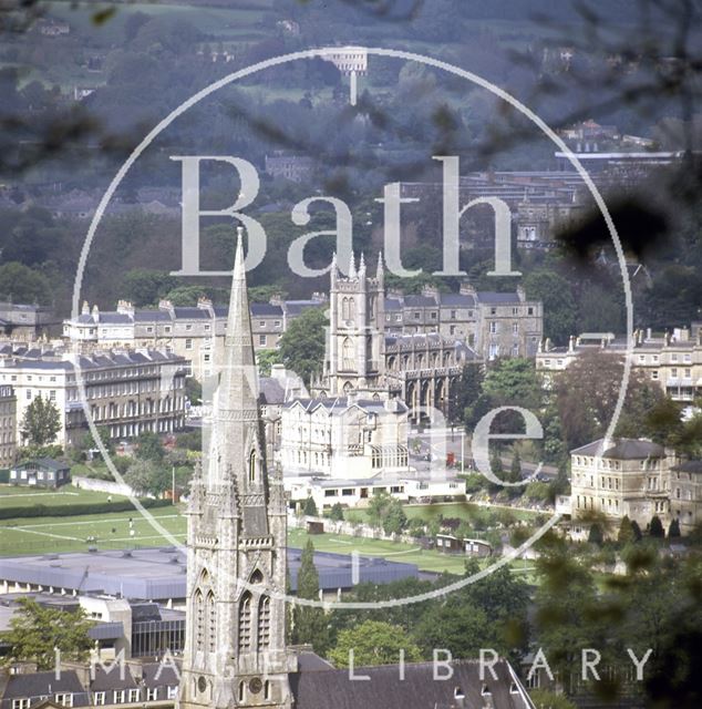 The spire of St. John the Evangelist Church with St. Mary's Church, Bathwick in the background, Bath c.1982