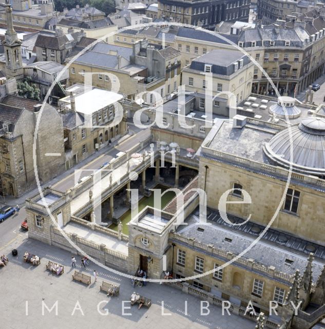 View of Kingston Parade and the Roman Baths from the tower of Bath Abbey c.1982