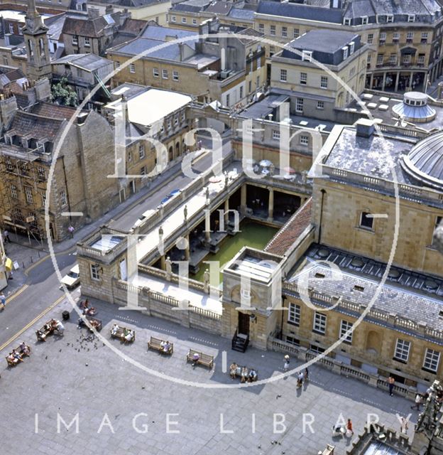 View of Kingston Parade and the Roman Baths from the tower of Bath Abbey c.1982