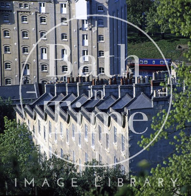 The elegant flow of St. Mary's Buildings with the old Bayer corset factory in the background, Bath c.1995