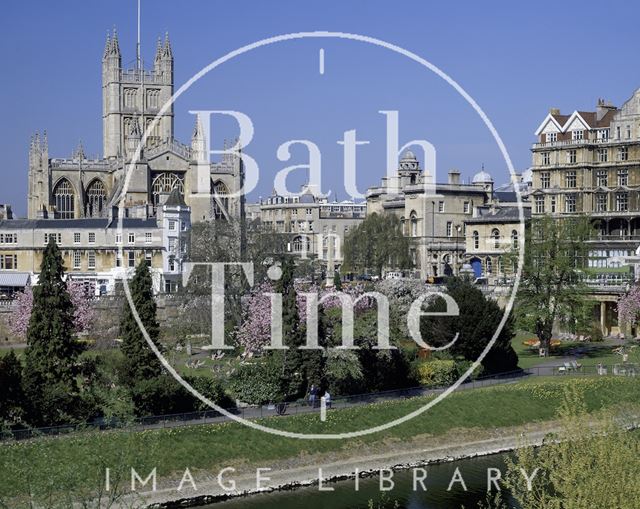 A spring view of Bath Abbey from across the River Avon and Parade Gardens c.1980