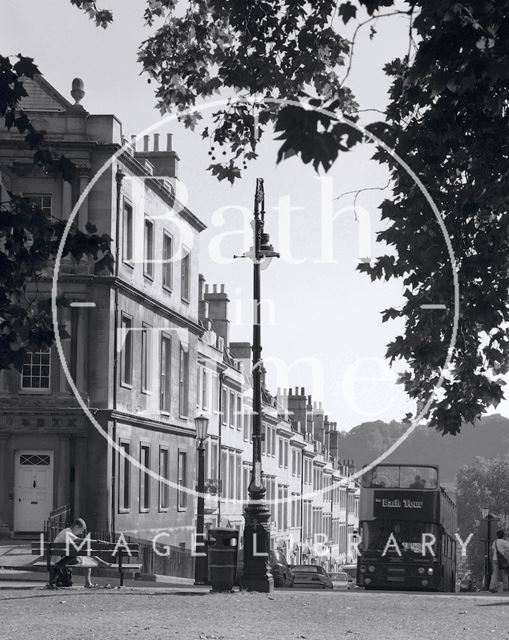 A tour bus approached The Circus from Gay Street, Bath c.1980