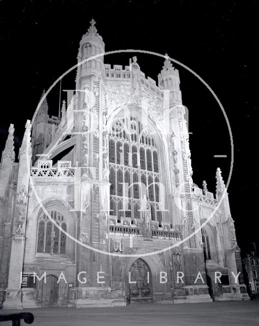 The floodlit west end of Bath Abbey c.1980