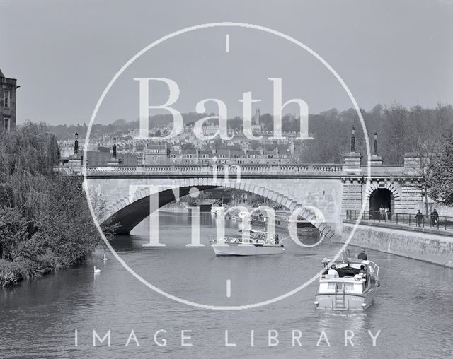 A busy river scene in Bath looking north towards North Parade Bridge c.1990?