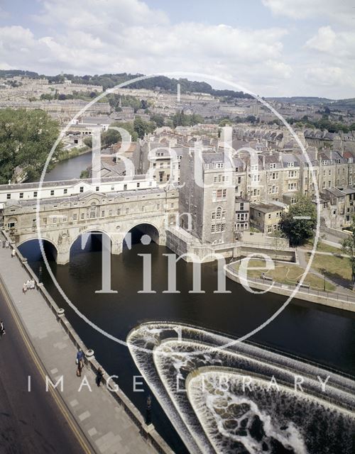 View of the weir and Pulteney Bridge, Bath from the Empire Hotel c.1975