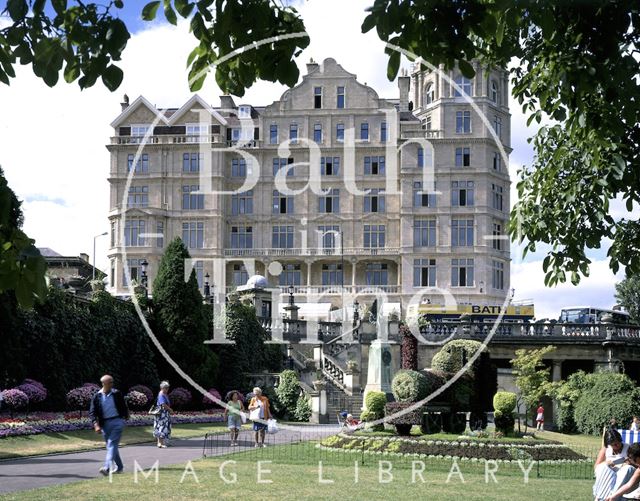 The newly restored clean facade of the Empire Hotel, viewed from Parade Gardens, Bath 1995