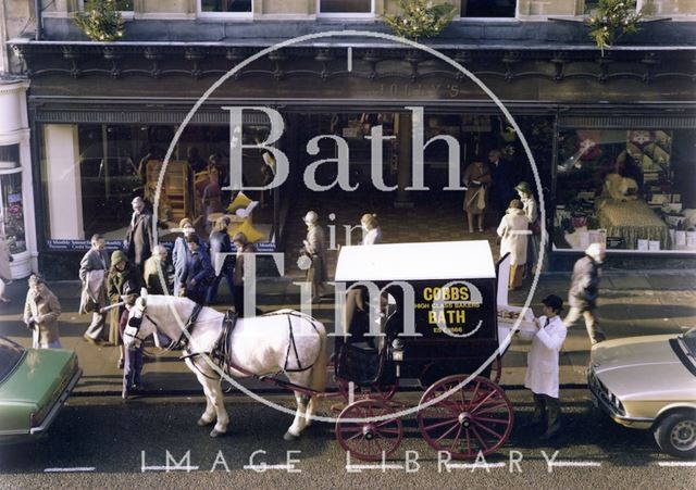 Cobbs bakers horse-drawn carriage outside Jolly's Milsom Street, Bath c.1980