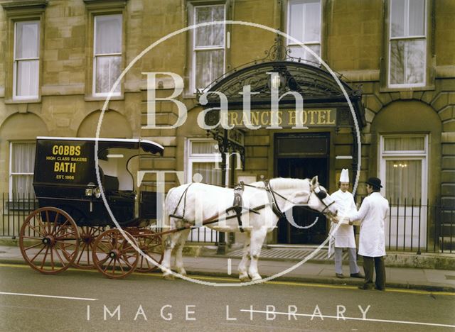 Cobbs bakers horse-drawn carriage outside the Francis Hotel, Queen Square, Bath c.1980