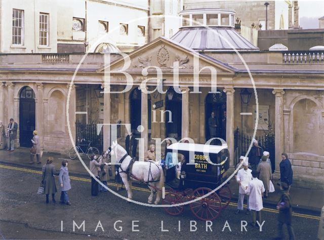 Cobbs bakers horse-drawn carriage outside the King's and Queen's Bath entrance, Stall Street, Bath c.1980