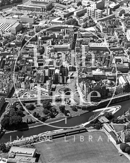 Aerial view of Parade Gardens, the city centre and the River Avon, Bath c.1973