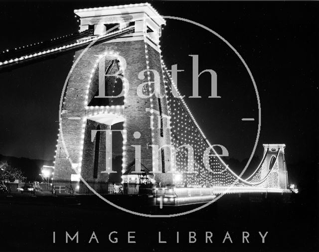 The floodlit Clifton Suspension Bridge, Bristol c.1973