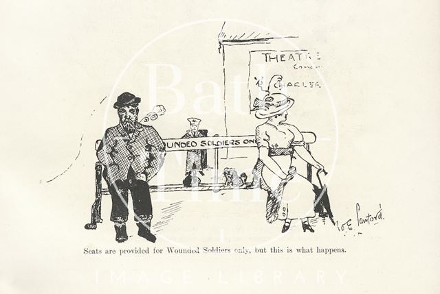 Cartoon of wounded soldiers, possibly at Bath Spa Station, Bath 1917