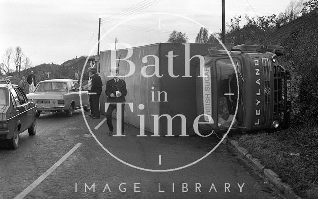 Lorry crash on the old Gloucester Road at Swainswick near Bath 1977