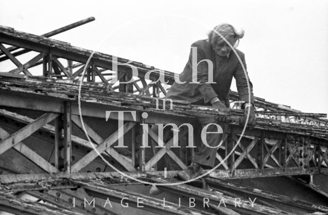 Removing rotting timbers from the roof of Green Park Station, Bath 1975