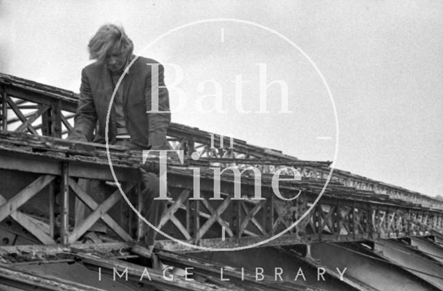 Removing rotting timbers from the roof of Green Park Station, Bath 1975