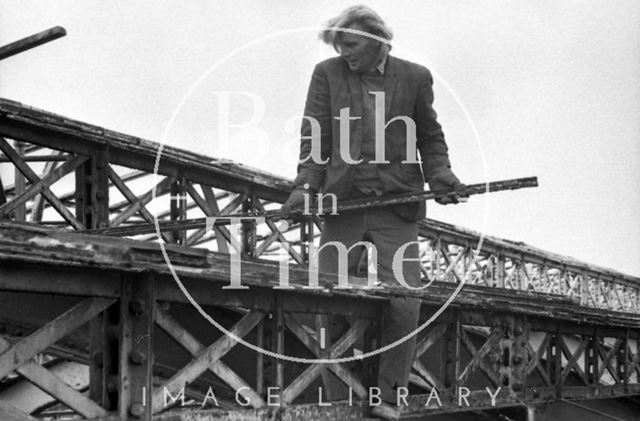 Removing rotting timbers from the roof of Green Park Station, Bath 1975