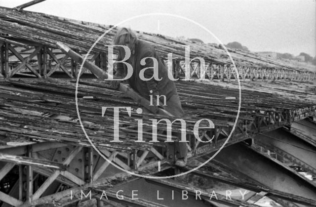 Removing rotting timbers from the roof of Green Park Station, Bath 1975