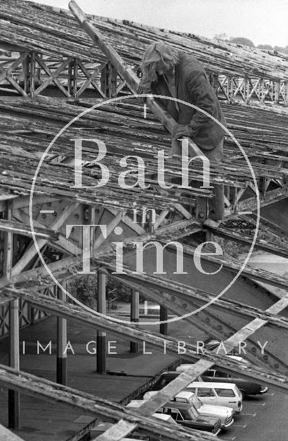 Removing rotting timbers from the roof of Green Park Station, Bath 1975