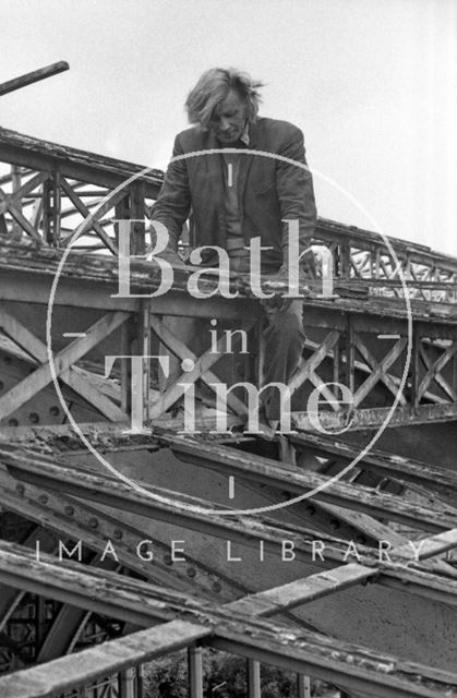 Removing rotting timbers from the roof of Green Park Station, Bath 1975