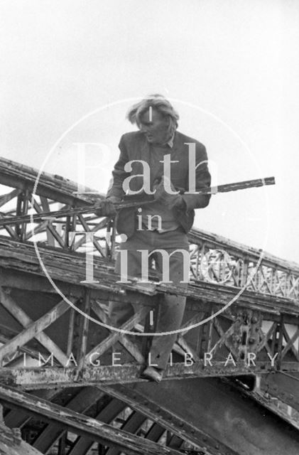 Removing rotting timbers from the roof of Green Park Station, Bath 1975