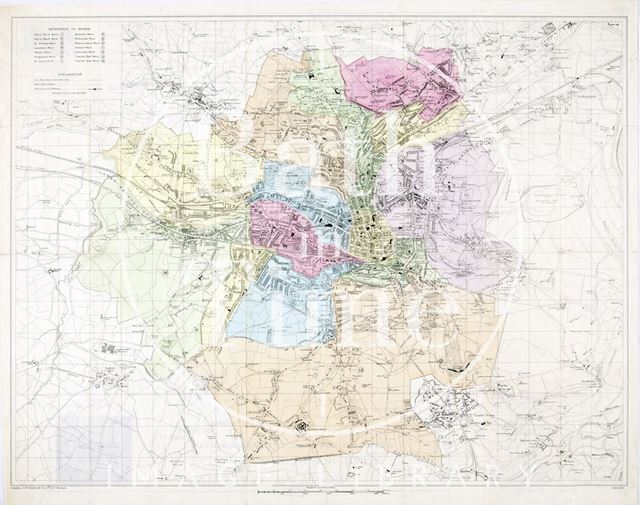 Map of Bath and surrounding area showing wards 1916