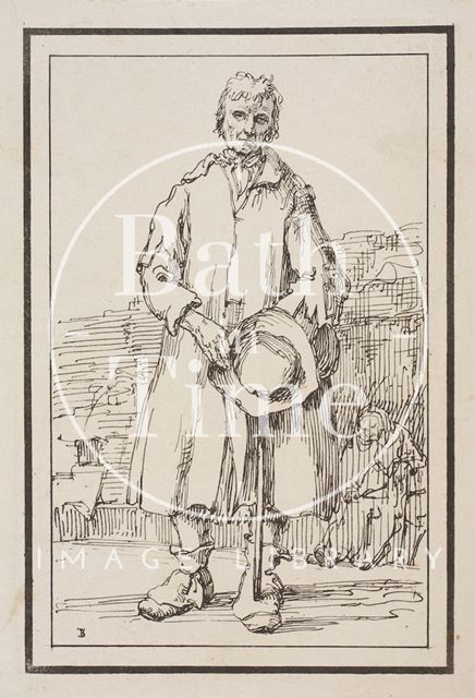 Rustic figure man holding hat and stick with old woman in background sketched from life by Thomas Barker c.1800