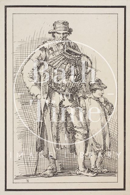 Rustic figure man with basket of hens around his neck accompanied by boy sketched from life by Thomas Barker c.1800