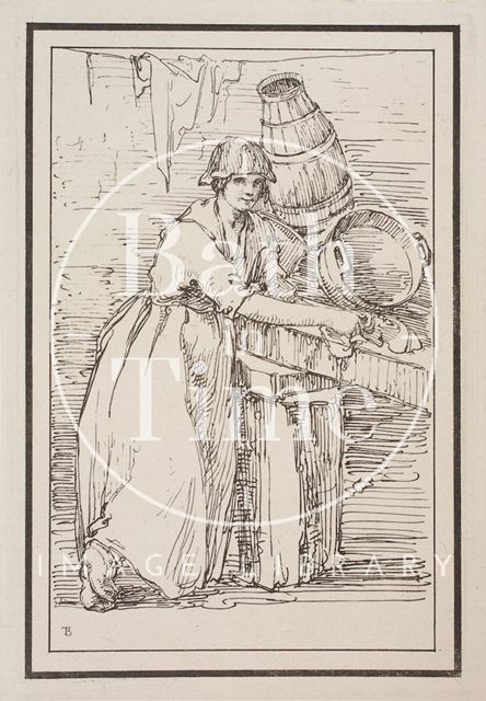 Rustic figure woman washing with faint smile sketched from life by Thomas Barker c.1800