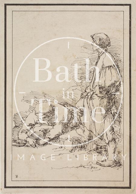 Rustic figure two people one scraping at the ground, the other posing with leg on rock sketched from life by Thomas Barker c.1800