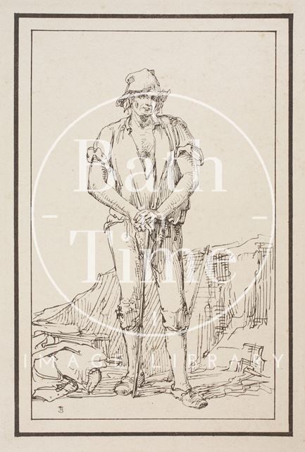 Rustic figure man with stick with what appears to be a quarry in the background, sketched from life by Thomas Barker c.1800