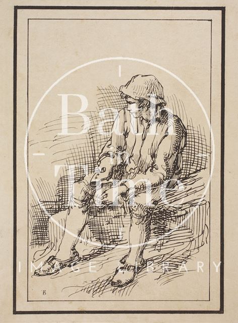 Rustic figure seated boy with hat sketched from life by Thomas Barker c.1800