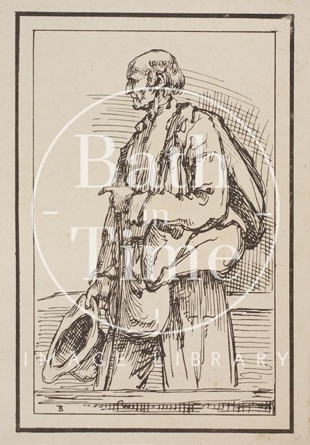 Rustic figure old man with stick holding hat pointing with crooked finger sketched from life by Thomas Barker c.1800