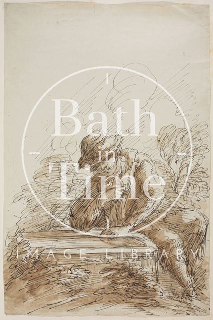 Sketch of a man seated looking at a stone tablet (?) by Thomas Barker 1929