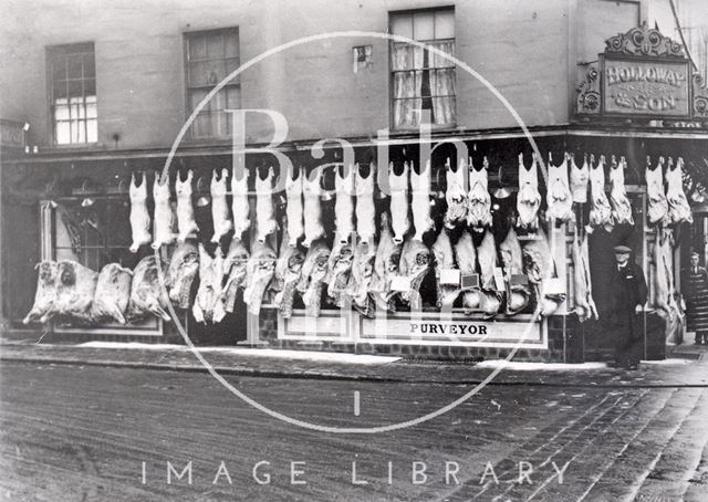 Holloway's and Son, Butchers, on the corner of Southgate Street, Bath c.1900