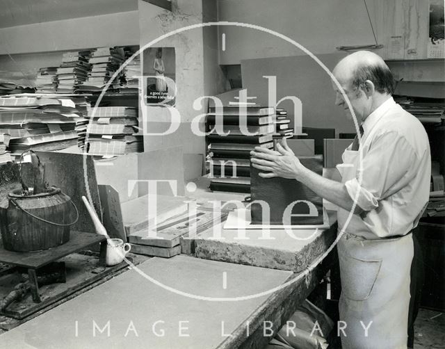 At work at Cedric Chivers bookbinders, Portway House, Combe Park, Bath 1970