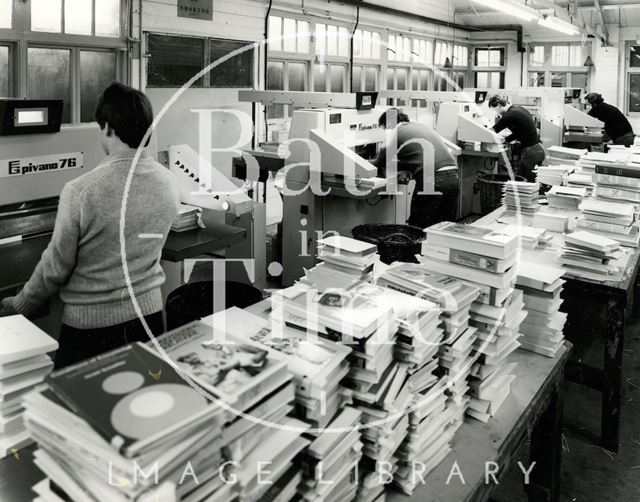 At work at Cedric Chivers bookbinders, Portway House, Combe Park, Bath 1983