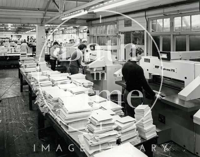 At work at Cedric Chivers bookbinders, Portway House, Combe Park, Bath 1983