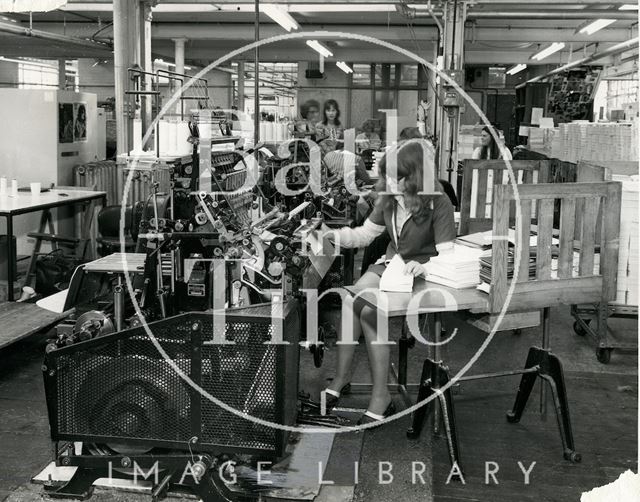 At work at Cedric Chivers bookbinders, Portway House, Combe Park, Bath c.1970