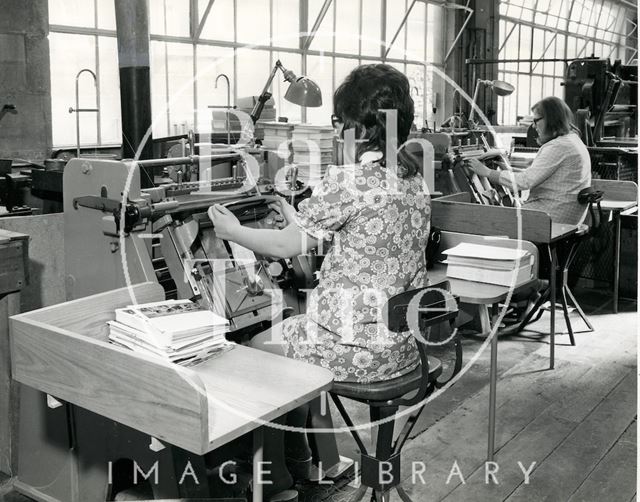 At work at Cedric Chivers bookbinders, Portway House, Combe Park, Bath c.1970