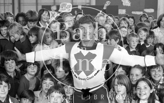 David Prowse, the Green Cross Man visits Moorlands Junior School, Bath 1981